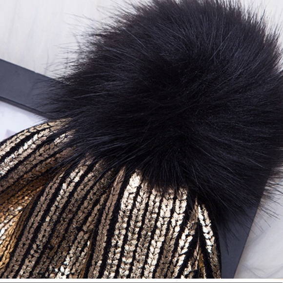 SALE! Gold Metallic Stripe Pom Pom Beanies - Picture 4 of 7
